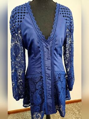 Dalia MacPhee Navy Lace Crochet Dress NWT Size M Long Sleeve Button Front Boho